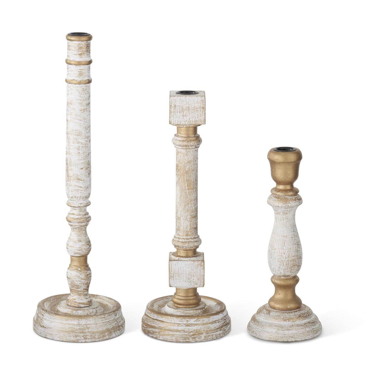 Whitewashed Gold Wood Taper Candleholder Set